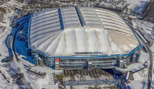 Aerial view, Schalke Veltins-Arena with closed roof and extension area for grass,