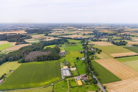 Aerial view, meadows and fields at Ostbürener Straße with view of Ostbüren, Frömern,