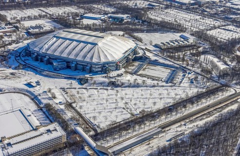 Aerial view, Schalke Veltins-Arena with closed roof and extension area for grass,