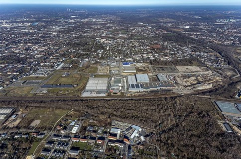 Aerial view, construction site commercial area and service location Europastrasse, bilstein-group,