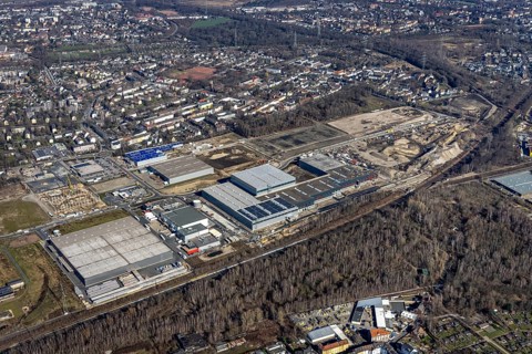 Aerial view, construction site commercial area and service location Europastrasse, bilstein-group,