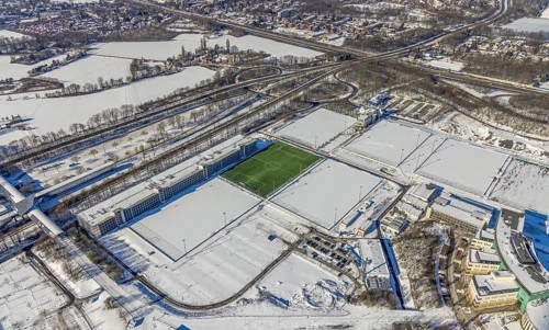 Aerial view, training ground in the snow at the Veltins-Arena, new car park Stan-Libuda-Weg, Erle,