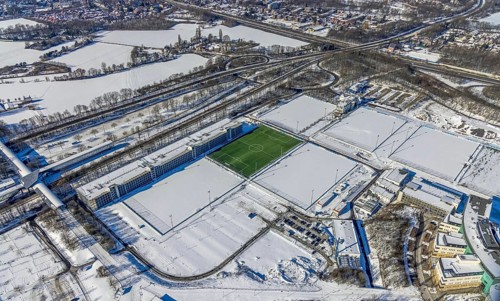 Aerial view, training ground in the snow at the Veltins-Arena, new car park Stan-Libuda-Weg, Erle,