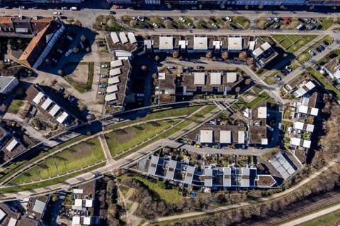 Aerial view, residential buildings Robert-Geritzmann-Höfe, Feldmark, Gelsenkirchen, Ruhr area,
