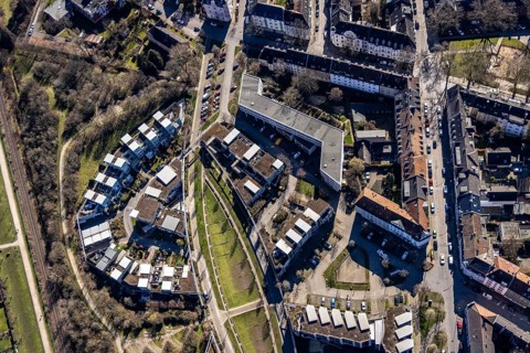 Aerial view, residential buildings Robert-Geritzmann-Höfe, Feldmark, Gelsenkirchen, Ruhr area,