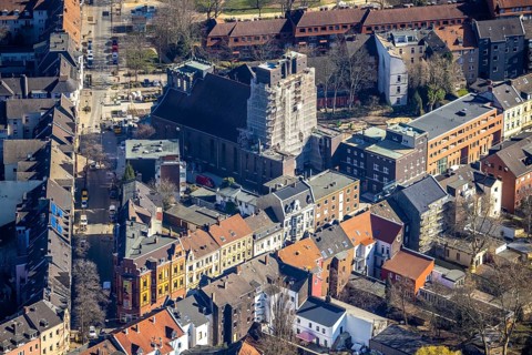 Aerial view, former cath. Heilig-Kreuz-Kirche, construction site and conversion as event location,
