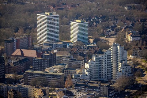 Aerial view, city skyscraper, Maritim Hotel, old town, Gelsenkirchen, Ruhr area, North