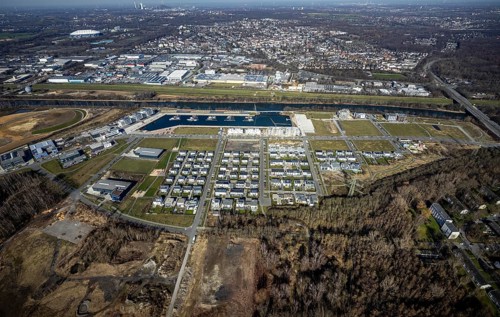 Aerial view, construction site, new construction area harbour quarter Graf Bismarck, marina