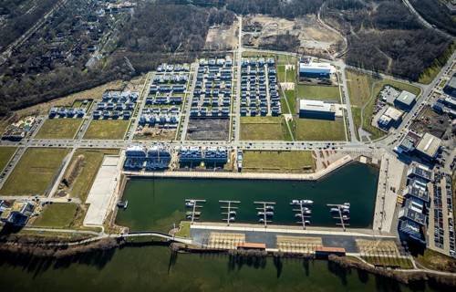 Aerial view, construction site, new construction area harbour quarter Graf Bismarck, marina