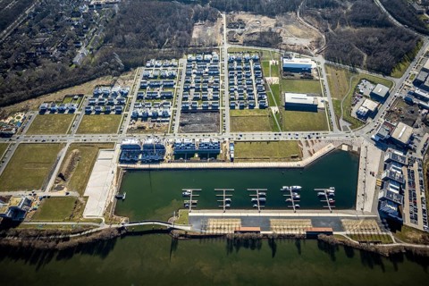Aerial view, construction site, new construction area harbour quarter Graf Bismarck, marina
