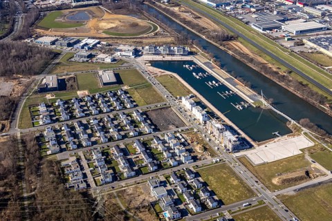 Aerial view, construction site, new construction area harbour quarter Graf Bismarck, marina