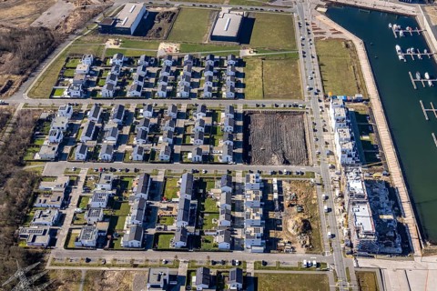 Aerial view, construction site, new construction area harbour quarter Graf Bismarck, marina