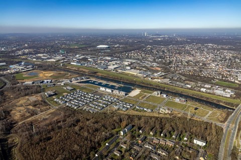Aerial view, construction site, new construction area harbour quarter Graf Bismarck, marina