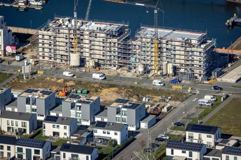 Aerial view, construction site, new construction area harbour quarter Graf Bismarck, marina