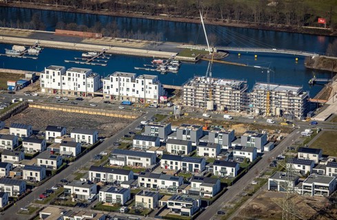 Aerial view, construction site, new construction area harbour quarter Graf Bismarck, marina