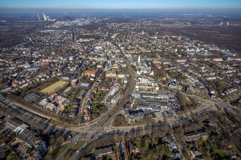 Aerial view, townscape Buer with town hall, Buer, Gelsenkirchen, Ruhr area, North Rhine-Westphalia,