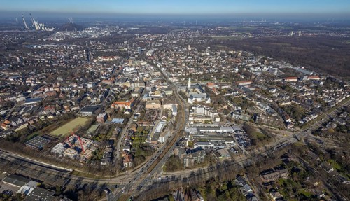 Aerial view, townscape Buer with town hall, Buer, Gelsenkirchen, Ruhr area, North Rhine-Westphalia,