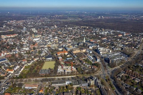 Aerial view, townscape Buer with town hall, Buer, Gelsenkirchen, Ruhr area, North Rhine-Westphalia,