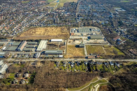 Aerial view, industrial area Bergmannsglückstraße, area of the former colliery Bergmannsglück, RHZ