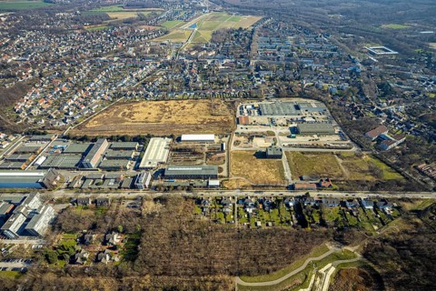 Aerial view, industrial area Bergmannsglückstraße, area of the former colliery Bergmannsglück, RHZ