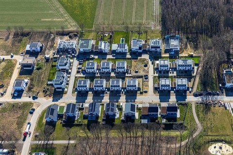 Aerial view, construction site, new development area Am Buerschen Waldbogen, Im Waldquartier,