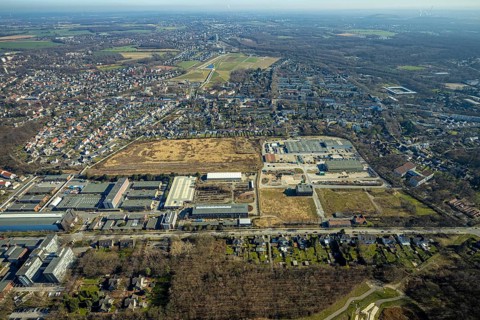 Aerial view, industrial area Bergmannsglückstraße, area of the former colliery Bergmannsglück, RHZ