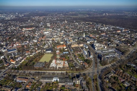 Aerial view, townscape Buer with town hall, Buer, Gelsenkirchen, Ruhr area, North Rhine-Westphalia,