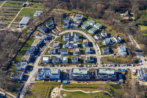 Aerial view, construction site, new development area Am Buerschen Waldbogen, Resse, Gelsenkirchen,