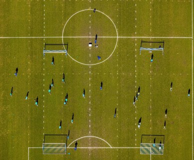 Aerial view, football players and training grounds at the Schalke Veltins-Arena, Berger Feld, Erle,