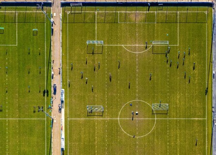 Aerial view, football players and training grounds at the Schalke Veltins-Arena, Berger Feld, Erle,