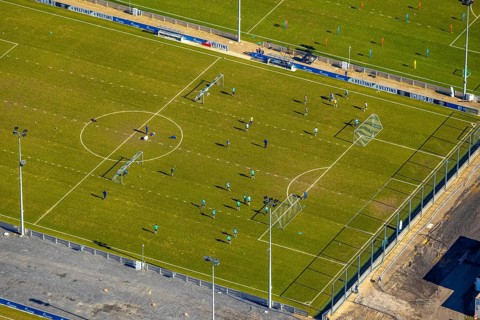 Aerial view, football players and training grounds at the Schalke Veltins-Arena, Berger Feld, Erle,