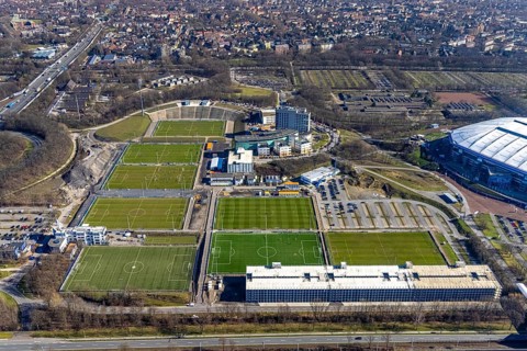 Aerial view, Courtyard by Marriott Gelsenkirchen, training grounds at the Schalke Veltins-Arena,