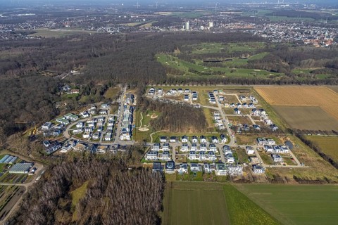 Aerial view, construction site, new development area Am Buerschen Waldbogen, Resse, Gelsenkirchen,