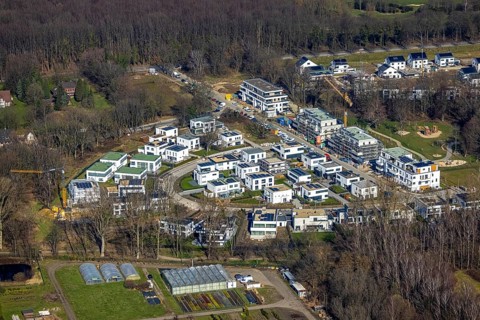 Aerial view, construction site, new development area Am Buerschen Waldbogen, Resse, Gelsenkirchen,