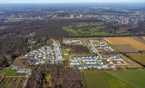 Aerial view, construction site, new development area Am Buerschen Waldbogen, Resse, Gelsenkirchen,