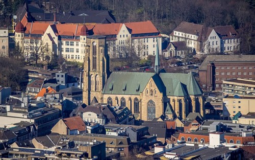 Aerial view, Catholic Provost Church of St. Urbanus, Buer, Gelsenkirchen, Ruhr area, North