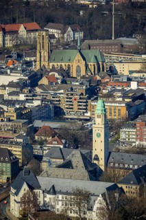 Aerial view, Town Hall Buer with tower, Catholic Provost Church St. Urbanus, Buer, Gelsenkirchen,