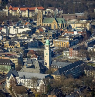 Aerial view, Town Hall Buer with tower, Catholic Provost Church St. Urbanus, Buer, Gelsenkirchen,