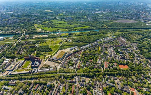 Aerial view, industrial park Nordstern, Nordsternpark, Heßler, Gelsenkirchen, Ruhr area, North