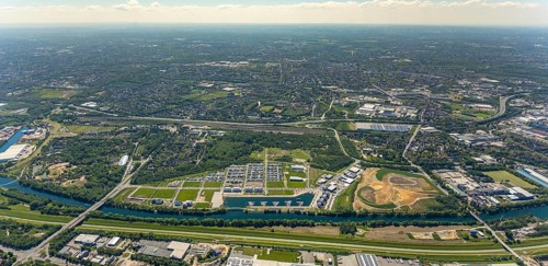 Aerial view, Graf Bismarck city quarter on the Rhine-Herne Canal, Marina Bismarck, Schalke-Nord,