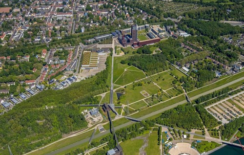 Aerial view, industrial park Nordstern, Nordsternpark, Heßler, Gelsenkirchen, Ruhr area, North