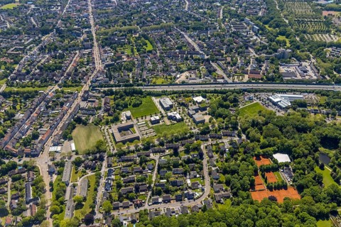 Aerial view, Büropark Schloss Berge, motorway A2, Erle, Gelsenkirchen, Ruhr area, North