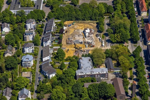 Aerial view, demolition work, construction site and new building at Max-Planck-Gymnasium, Buer,