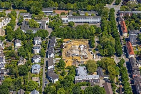 Aerial view, demolition work, construction site and new building at Max-Planck-Gymnasium, Buer,