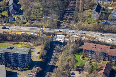 Aerial view, new bridge Turfstraße over railway line, Horst, Gelsenkirchen, Ruhr area, North