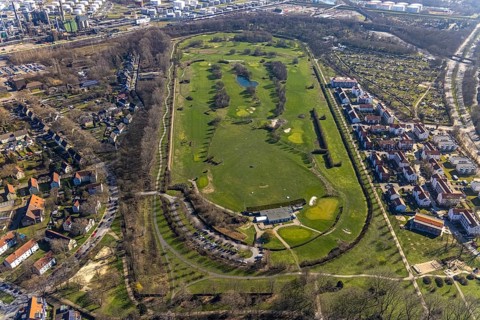 Aerial view, golf course and golf club GC Schloss Horst GmbH, Horst, An der Rennbahn,