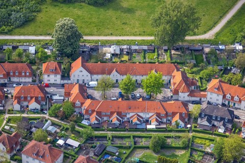 Aerial view, Schüngelberg colliery housing estate at Hugo colliery, Buer, Gelsenkirchen, Ruhr area,