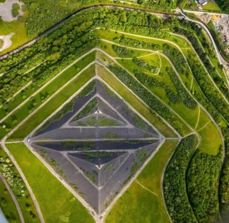 Aerial view, Rungenberghalde and 2 spotlights, Buer, Gelsenkirchen, Ruhr area, North