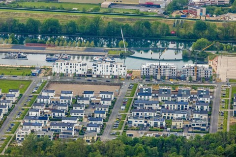 Aerial view, construction site and new building at Graf Bismarck harbour, Bismarck, Gelsenkirchen,