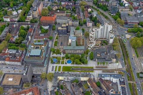 Aerial view, underground tram, Fritz-Rahkob-Platz, old town, town hall, Hans-Sachs-Haus,
